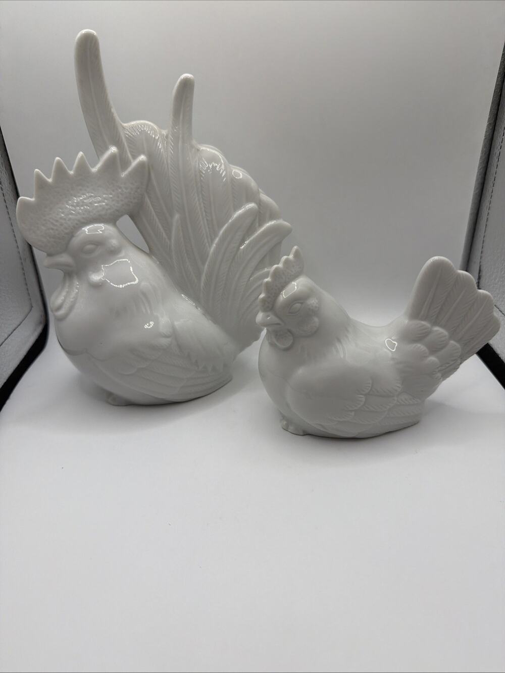Vintage White Porcelain Hen and Rooster Beautiful Fanned Tail Made in Japan 8"in